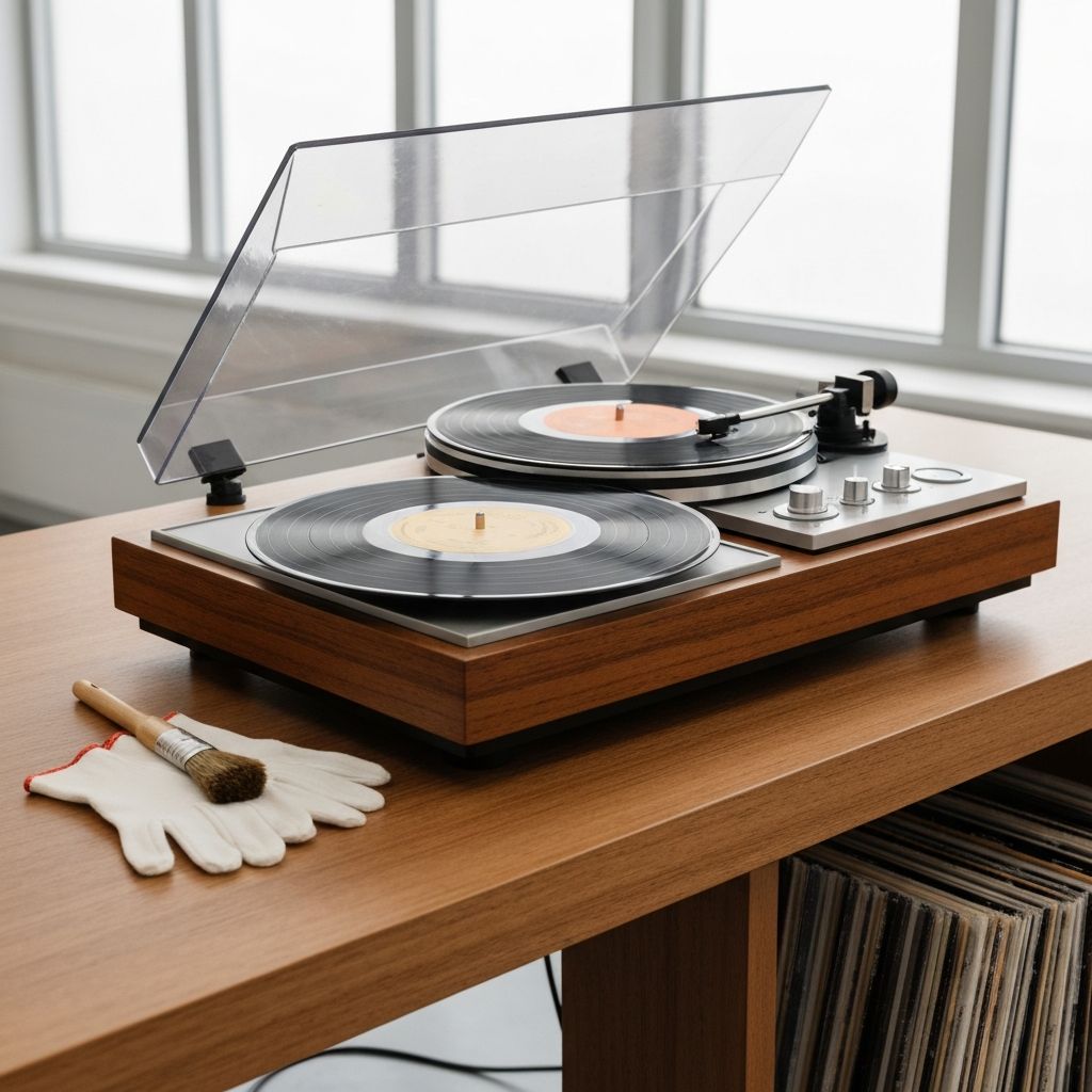 Schallplatte in Innenbeutel neben Plattenspieler und Reinigungsbürste