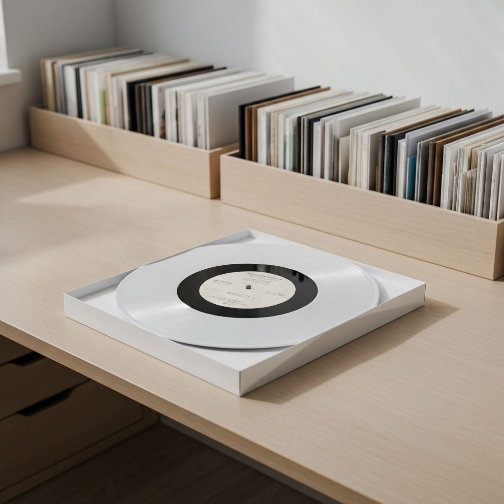 Schallplatte in weißem Innenbeutel, sorgfältig gehütet