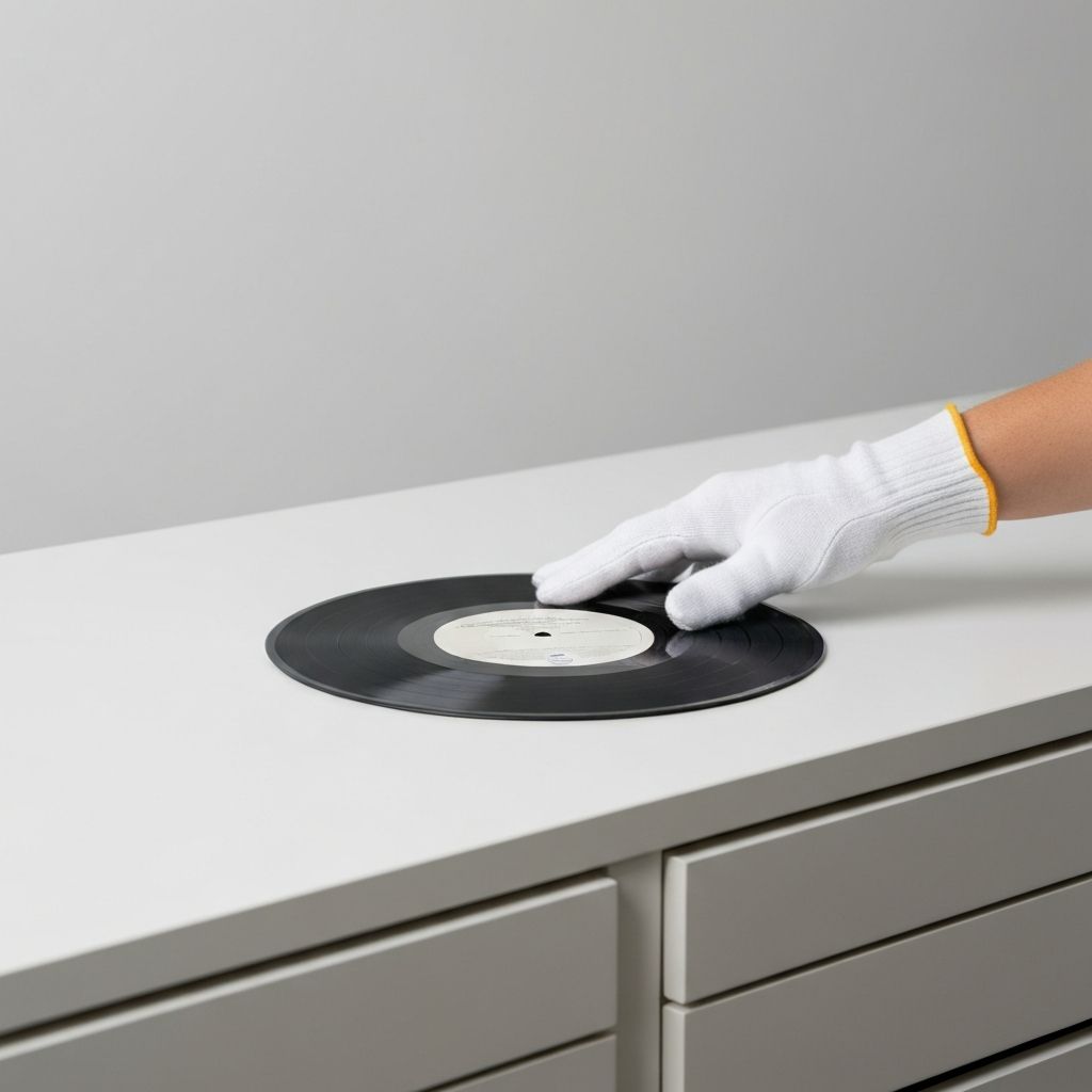 Schallplatte auf Archivtisch mit Baumwollhandschuh